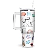 qoepfnsh Speech Therapy Tumbler with Handle SLP Travel Coffee Mug Cups Speech Language Pathology Tumblers with Lid and Straw Stainless Steel Insulated Speech Pathologist Therapist Gifts for Women