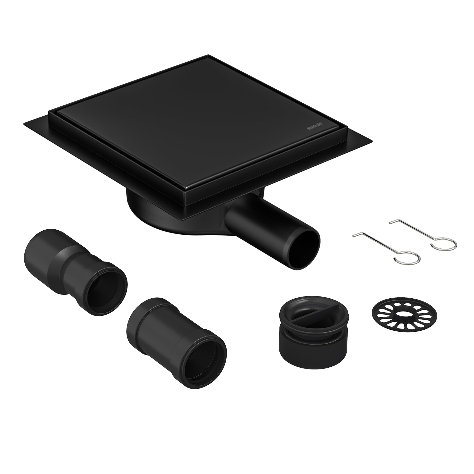 Neodrain Black Shower Drain 15 cm Square 360° Siphon Stainless Steel Floor Drain with Odour Stop, Hair Filter and Drain Adapter 2-in-1 Tileable Drain Channel
