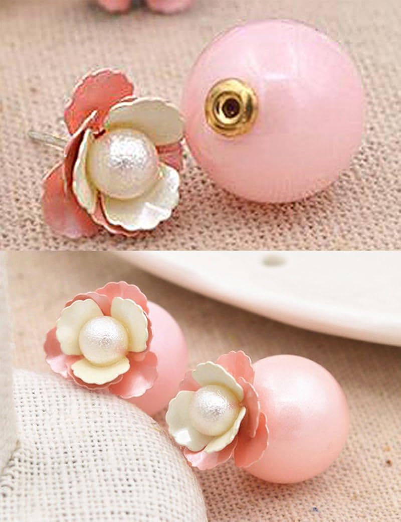 1 Pair Lujuny Alloy Shell Pearl Flower Double Side to Wear Earrings Studs with Gift Box for Women Girls