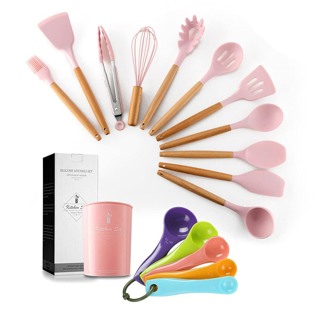 SIPLIV 17PCS Silicone Utensils Set with Wooden Handle Heat Resistant Cookware Utensils Kit Easy to Clean Kitchenware Kitchen Tools for Non-Stick Cookware - Pink