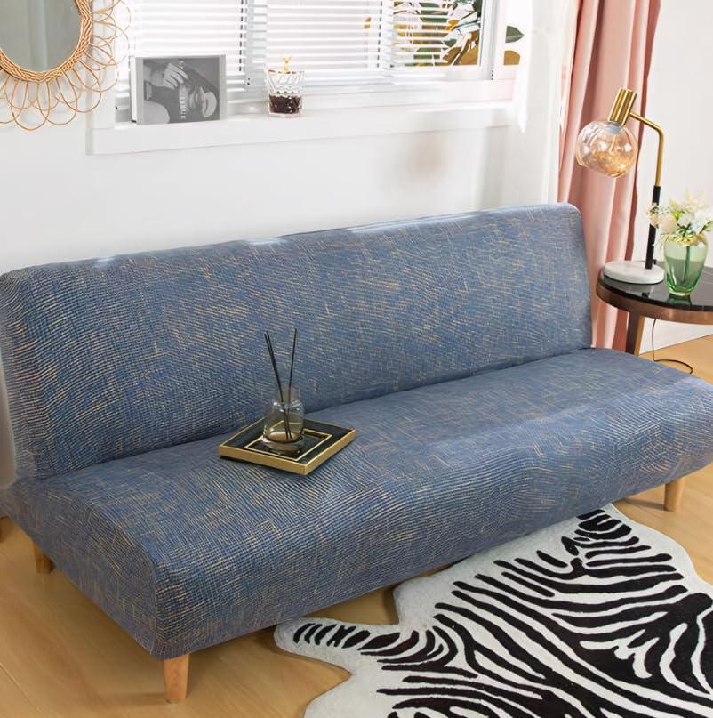 Topchances Armless Sofa Bed Cover, Polyester Spandex Futon Slipcover, Anti-Slip Elastic Full Folding Couch Sofa Universal Fitted Sofa Bed Slipcover Furniture Cover Protector (Linen Blue)