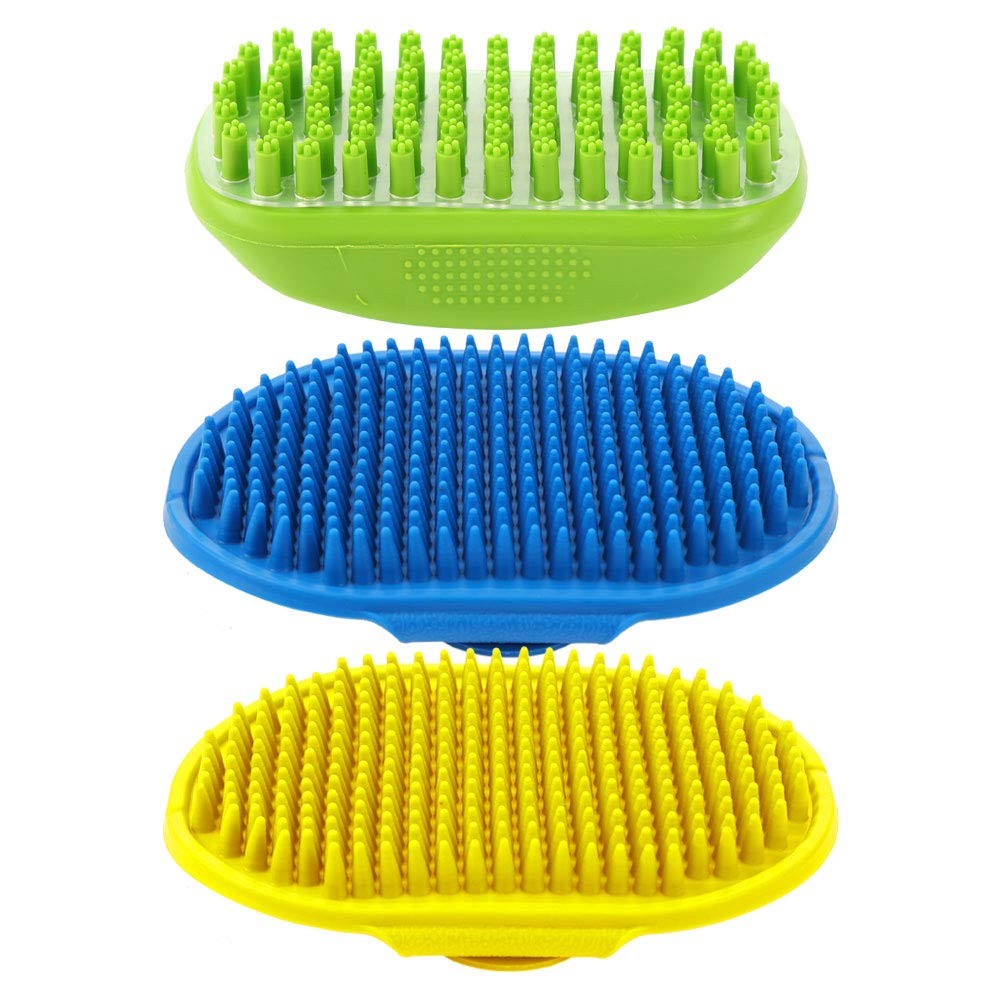 Fantesi 3 Pack Pet Grooming Brush 3-in-1 Brush-Rubber for Dogs & Cats Soothing Massaging, Bath, Deshedding Brushes with Adjustable Handle for Short & Long Hair (Green, Blue, Yellow)