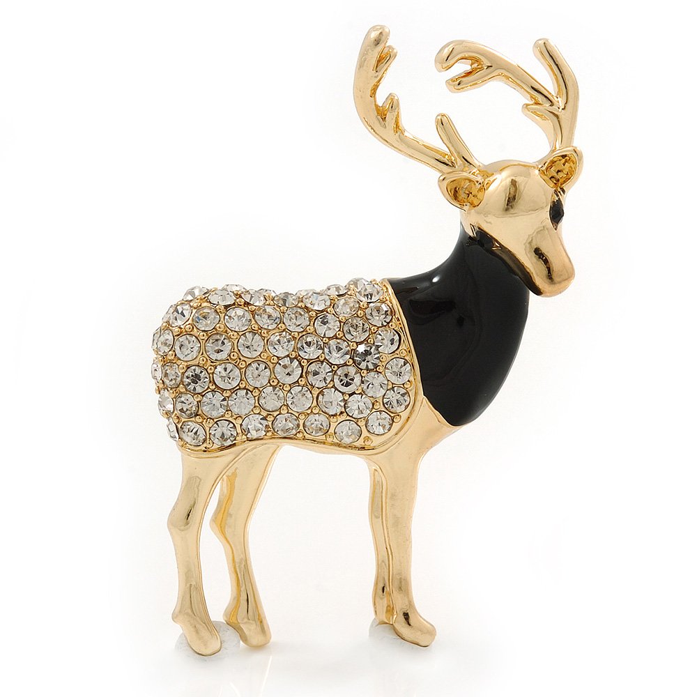 Crystal, Black Enamel Stag Brooch In Gold Tone - 55mm L