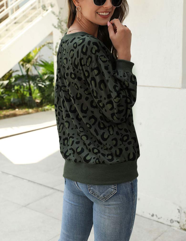 Leopard Print Shirts,Womens Basic Tunics Round Neck Comfy Tops Long Sleeve Fashion Blouse (S, Army Green)