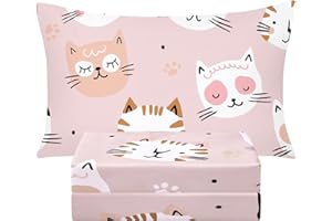 BYSURE Twin Sheets Set Kids(Cat Kitties, Pink), 3 Pieces Easy Fit Deep Pocket Sheets Set, Breathable Wrinkle-Free Microfiber Bedding for Children