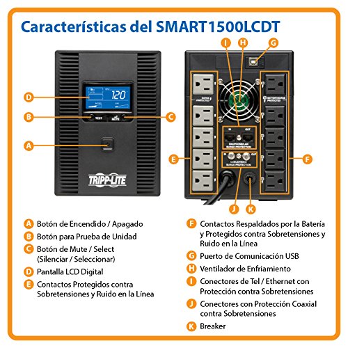 Tripp Lite 1500VA 900W UPS Battery Backup, AVR, LCD Display, Line-Interactive, 10 Outlets, 120V, USB, Tel & Coax Protection (SMART1500LCDT)