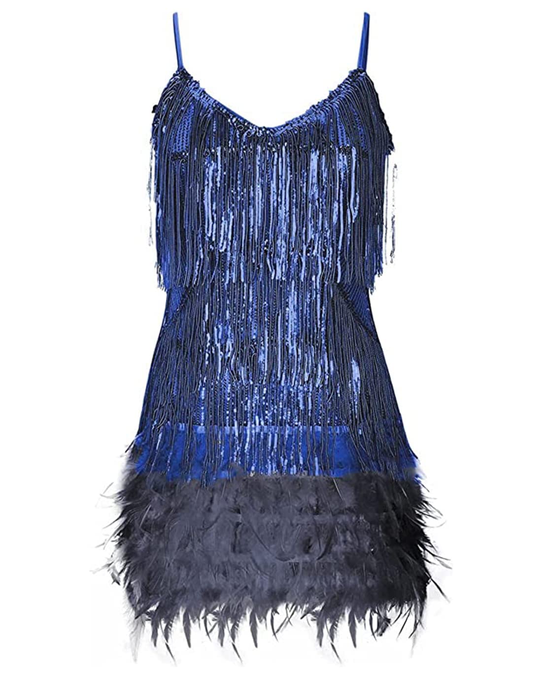 Photo 1 of Women's Sequin Cocktail Dresses 1920s Flapper Dress Gatsby Fringe Mini Dresses Feather Prom Party Dress(A-Navy,M)