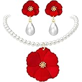 DEYOUM Flower Pearl Necklace Earrings Set for Women Dainty Handmade Bohemian Matte Floral Flower with Gold Bud Stud Earrings Fashion Boho Faux Pearl Flower Charm Necklace Bridal Wedding Porm Costume Accessories Birthday Jewelry Gifts