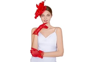 CAIYILA Fascinators Hat Flower Mesh Feathers Headband Derby Hat Clip Tea Party Headwear and Lace Gloves with Bows for Women