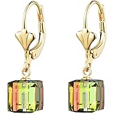 Austrian Crystal Cube Drop Earrings for Women Leverback Dangle Earrings 14K Gold Plated Hypoallergenic Jewelry