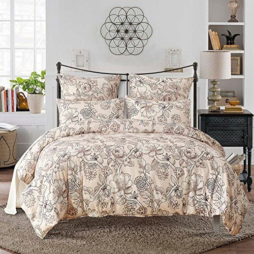 DuShow 3pcs Tencel Cotton Lightweight Microfiber Duvet Cover Set, Printed Lyocell Floral Flower Pattern quilt cover and Pillow(Pink,Queen)