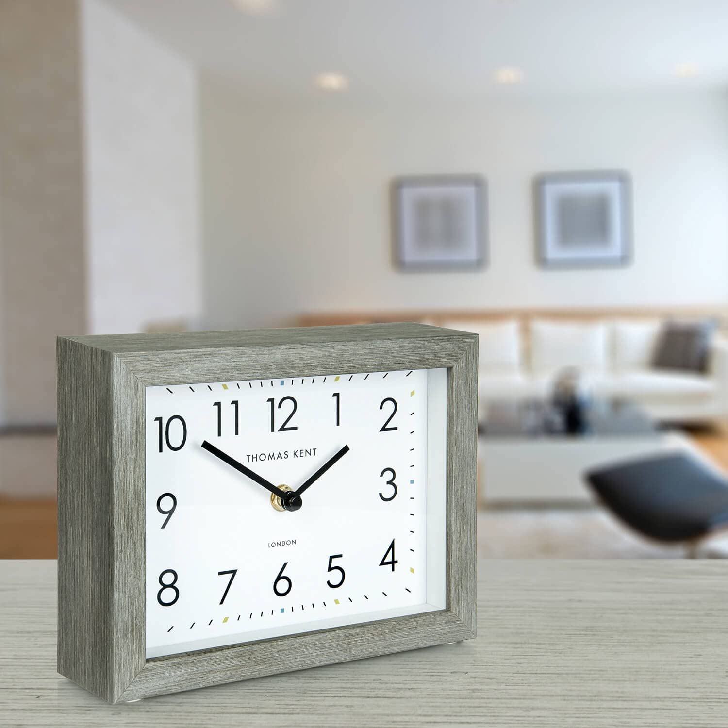 Thomas Kent Smithfield Design Wood Effect Mantel Clock in Limestone Grey Finish - 7" London