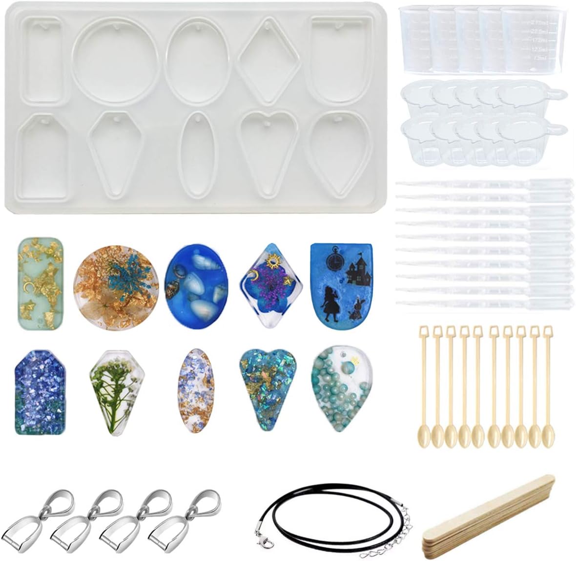 YAOYIN 10pcs Epoxy Resin Moulds Silicone Resin Casting Mold Kit for Pendant Jewellery making and DIY Craft, Pendant with Hole, Kit has Black Wax Rope, Button, Measuring Cup Dropper Stirrer Spoon