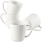 Ceramic Coffee Mugs Set of 4, 14oz White Coffee Cups with Embossed Grid Texture, Modern Minimalist Coffee Mug for Latte Cappuccino Tea Cocoa, Dishwasher & Microwave Safe, Ideal Housewarming Gift