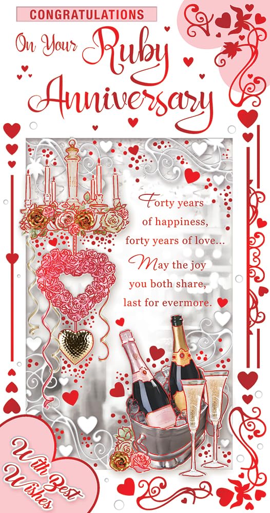 Ruby 40th Wedding Anniversary Card - Champagne and Hearts with Red Foil 9x4.75