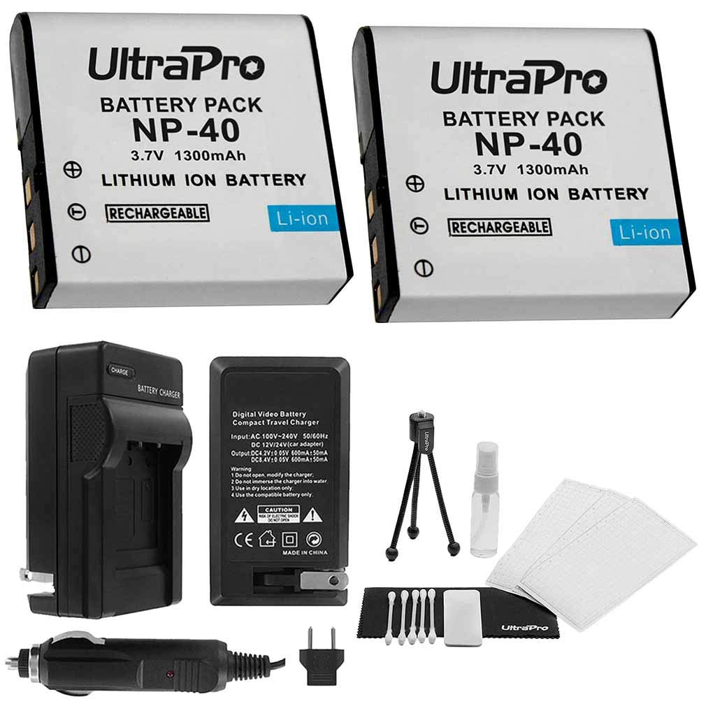 2-Pack NP-40 High-Capacity Replacement Batteries with Rapid Travel Charger for Select Casio Cameras. UltraPro Bundle Includes: Camera Cleaning Kit, Screen Protector, Mini Travel Tripod