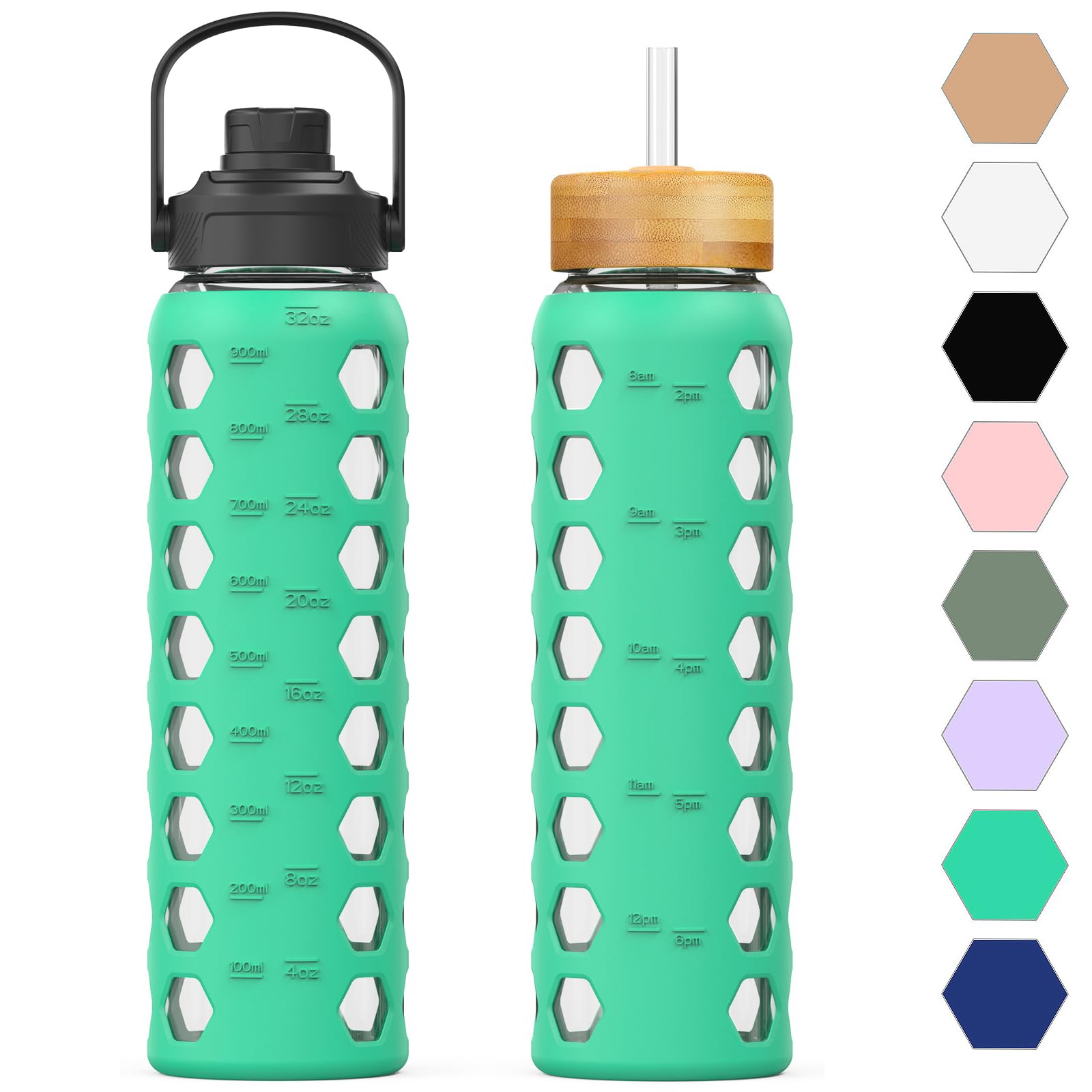 HYDRAGLAZIC 950ML Glass Water Bottle with 2 Flip and Bamboo Straw Lids Sports Water Tumbler with Time Reminder and Silicone Sleeve Leak-proof BPA Free, Green