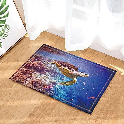 GoHeBe Nature Ocean Animal Decor Underwater Sea Turtle Swimming in Coral Reef Bath Rugs Non-Slip Doormat Floor Entryways Indoor Front Door Mat Kids Bath Mat 15.7x23.6in Bathroom Accessories