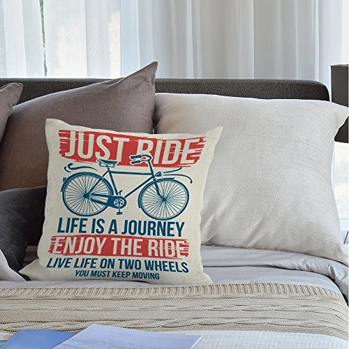 HGOD DESIGNS Throw Pillow Cover Bicycle with Letter Just Ride Friendly and Healthy Travel Slogan Graphic Home Decorative Pillow Cases Cotton Linen Square Cushion Covers For Sofa Couch 18x18 Inch