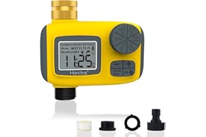 Honitra Water Sprinkler Timer 3 Plans with Child Lock,15 Days Rain Delay Cycle Plan- Interval Garden Hose Timer, Water Flow Meter for Outdoor Use - 1 Outlet Automatic Watering System for 3/4" Hoses
