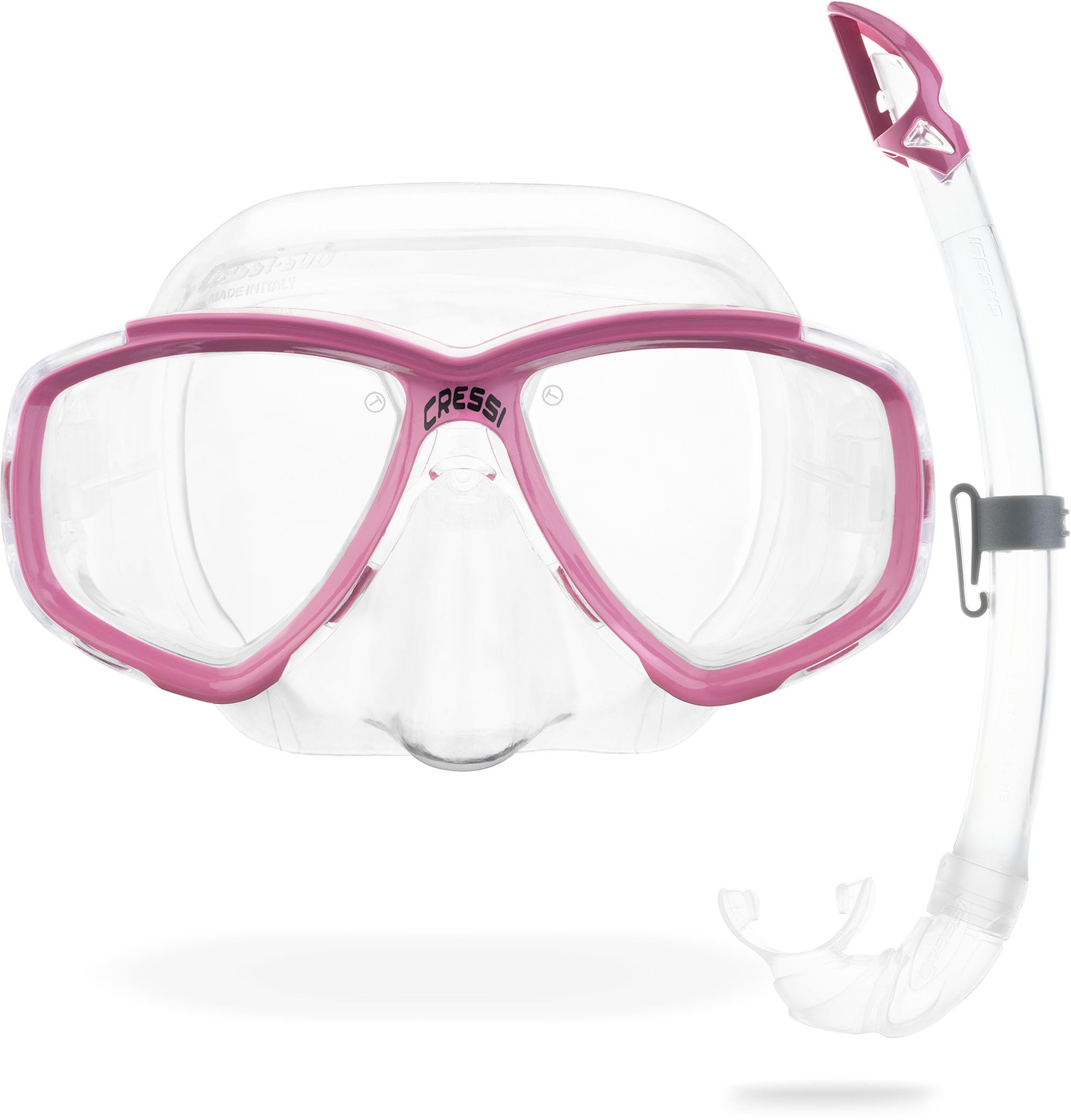 Cressi Perla Separate Glass Mask & Snorkel Set - Dry-Top Snorkel - Low-Volume Fit for Scuba - Quick Buckles for Diving Mask - Transparent/Pink - One Size