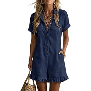 Jumpsuits for Women Dressy Casual - Short Sleeve Button Front Rompers Wide Leg Ruffle Lounge Overalls Summer Outfits