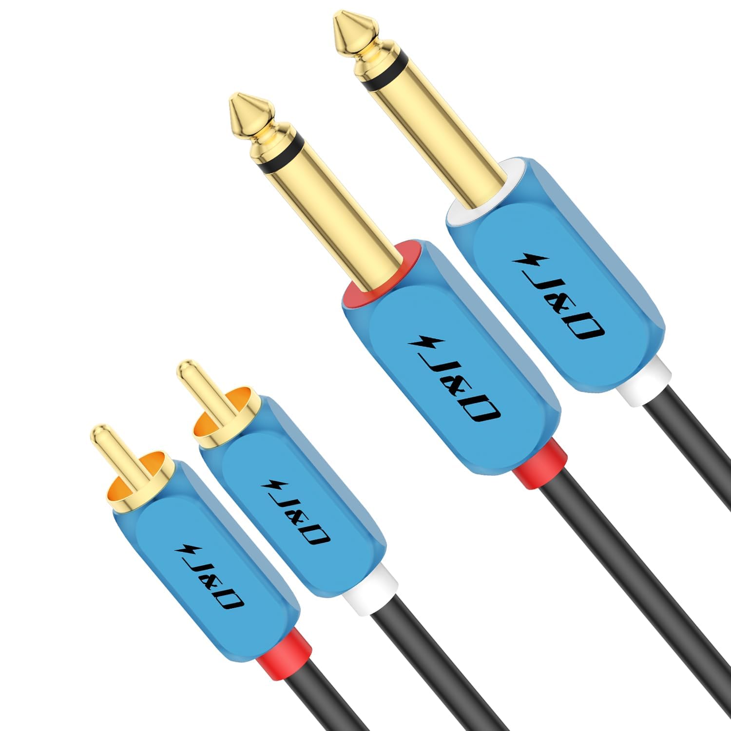 J&D Dual 1/4 inch TS to Dual RCA Stereo Audio Interconnect Cable, RCA to 1/4 Cable Heavy Duty Aluminum Alloy Shell Gold Plated Plug for Home Theater, Amplifiers, Hi-Fi Systems, 0.9 Meter