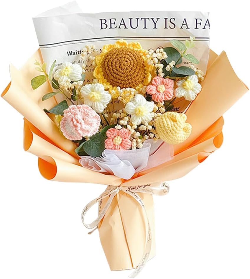 Completed Crochet Flower Bouquet: Artificial Flower Handmade Knitted Sunflower Bouquet for Festival Wedding Anniversary Thanksgiving (Orange)