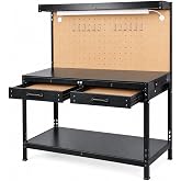 Pterying Garage Workbench with LED Light Bar, Pegboard, 2 Drawers | 3-Tier Shelves and Built-in Power Strip with USB Ports, Heavy Duty A3 Steel Frame for Garage, Workshop and Basement