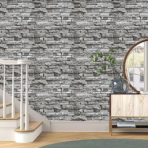 Yancorp 10ft Peel and Stick Wallpaper Light Grey Stone Brick Wallpaper