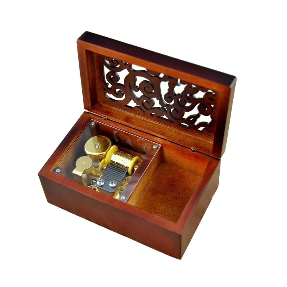 Antique Engraved Wooden Wind-Up Musical Box,Over The Rainbow Musical Box,with Gold-plating Movement in,Rectangle