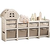 UNICOO® Kids Cream House Toy Storage Organizer with 3-Tier Shelves, Toy Organizer Rack & Bins for Nursery, Playroom, Study Room, Spacious Bookshelf Baby Toddler Bookcase for Kids Room (Cream & Brown)