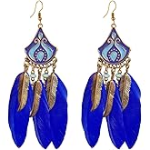 Long Feather Dangle Drop Statement Earrings for Women Gold-Toned Bohemian Enamel Fan Shaped Leaf Turquoise Beads Fringe Tassel Dangling Studs Earring Lightweight Fish Hook Vintage Ethnic Jewelry