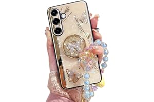 SOHAPEA for Samsung Galaxy A16 Case with Kickstand,A16 5G Phone Case Girly Bling Diamond Butterfly Design,Luxury Plating Sparkle Pearl Hard Back Soft TPU Bumper with Bead Strap for Women Girls Pink