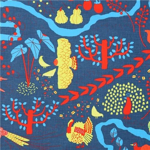 dark blue Canvas fabric colorful bird tree leaf Kokka Japan (per 0.5 yard multiples)