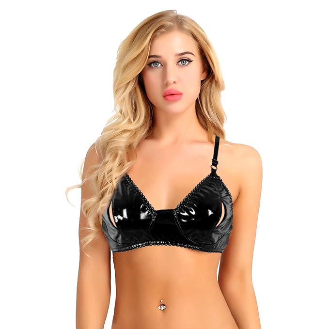 Agoky Frauen Wetlook Bustier ohne Bügel BH Lack Leder Büstenhalter Bra sexy Oberteile Top mit Spagettiträger reizvolle Dessou