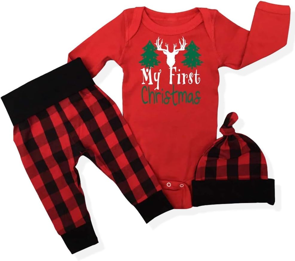 3PC Baby Christmas Outfits Toddler Girl Boy Clothes Print Romper Plaid Pants with Hat Costumes Set