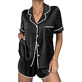 Ekouaer Satin Silk Pajamas for Women Set Short Sleeve Button Down Satin Pjs Split Shorts Set Soft Sleepwear 2 Piece Loungewear, Black, Medium