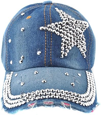 Elonmo Cute Silver Big Star Baseball Cap Jewel Rhinestone Bling Hats Jeans Wash Denim（blue） (Blue)