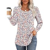 TUZIERDUO Womens Long Sleeve Shirts Pleated Dressy Casual Blouses Crewneck Trendy Fall Fashion Loose Fit Tunic Tops