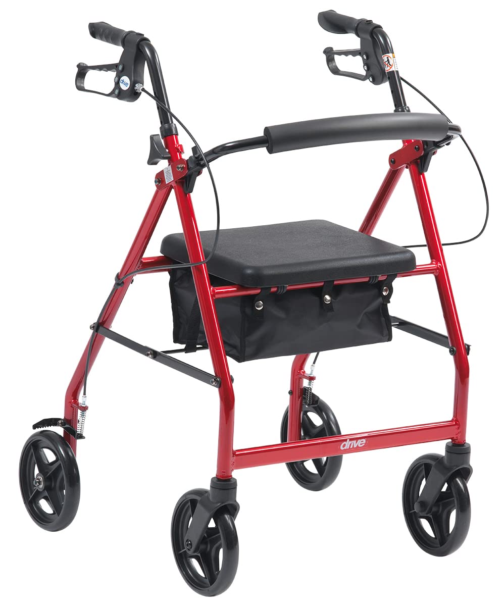 Drive Devilbiss R8 Red Aluminium Rollator with Padded Seat and Vinyl Underseat Bag