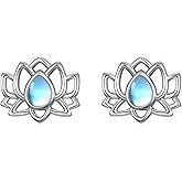 BETHZA Moonstone Lotus Stud Earrings for Women 925 Sterling Silver Lotus Earrings Studs Yoga Spiritual Lotus Jewelry Gifts for Women
