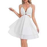 DMJVSCXL Women's Backless Bow Tie Short White Dress V Neck Sexy Halter Dresses Homecoming Dresses Cocktail Dress