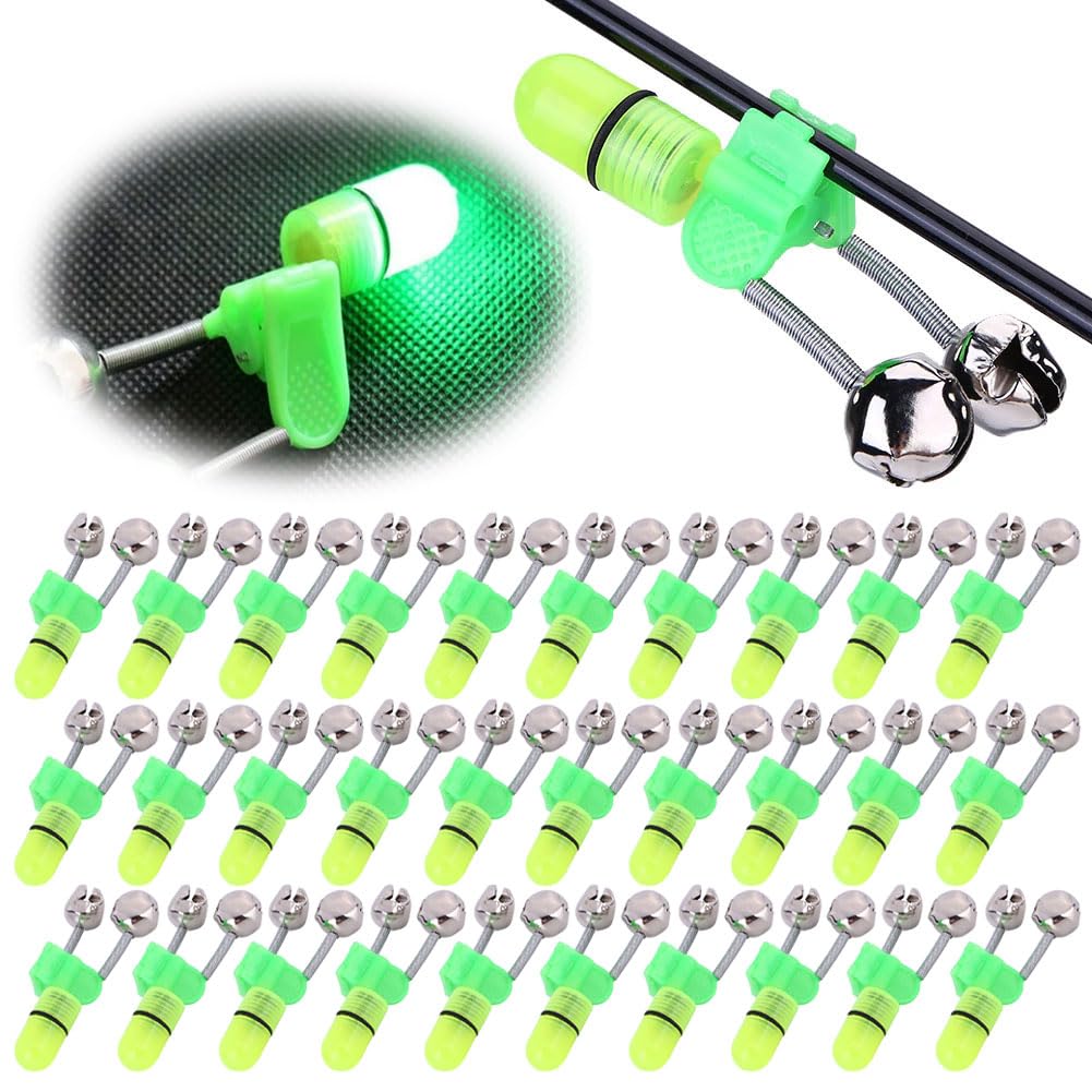 CuteHairy 30pcs LED Night Fishing Rod Bait Alarm Bell, LED Twin Bell Night Fishing Alarm Clip, Ring Fishing Bite Alarm Indicator On Fishing Rod, Fishing Alarm Light LED Twin Bells for Night Fishing