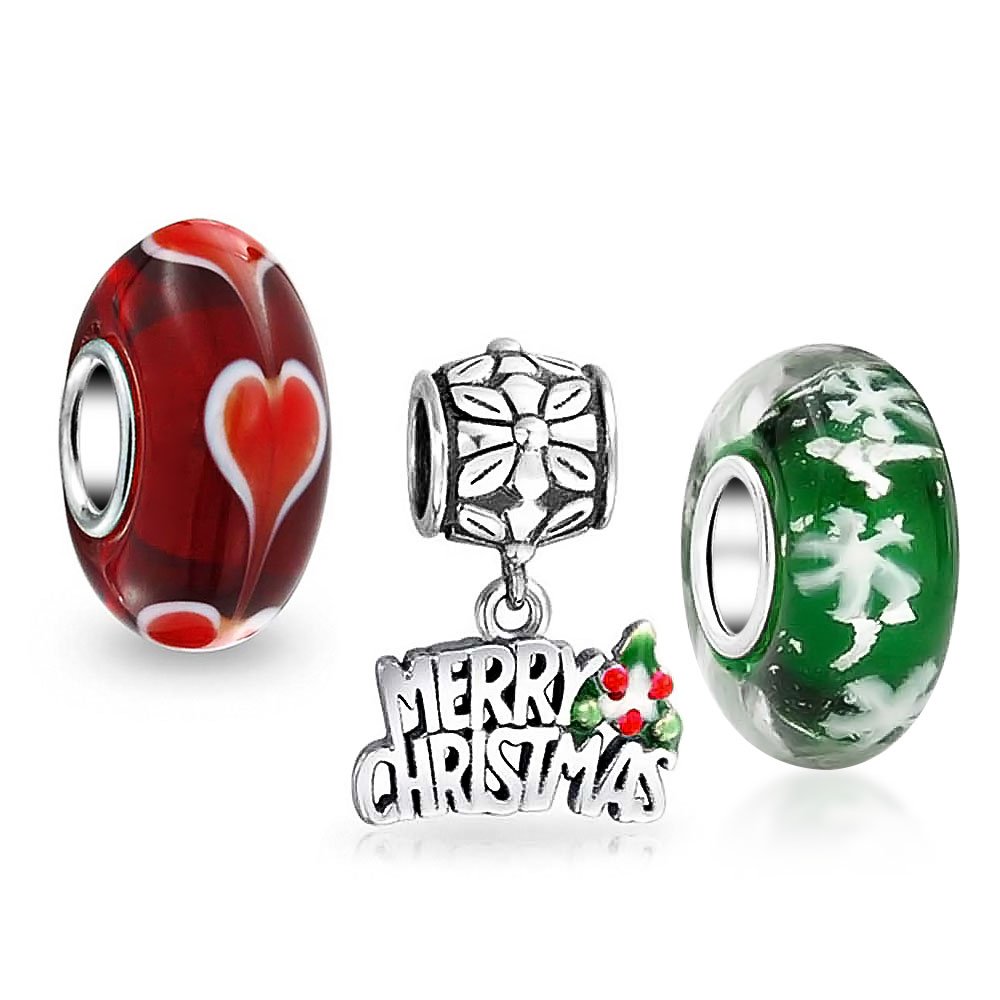 Bling Jewelry Set Of 3 Word Merry Christmas Snowflake Hearts .925 Sterling Silver Charm Bead Bundle For Teen For Women Fits European Bracelet