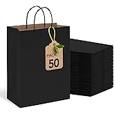 MESHA Gift Paper Bags Black 10x5x13 Inches 50pcs Medium Gift Bag with Handles, Bulk Black Kraft Paper Bag for Small Business Shopping Bags for Grocery,Wedding Party Favor