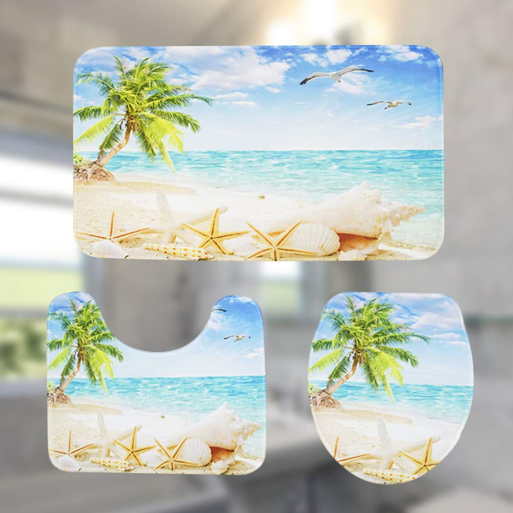 TOPBATHY Set of 3pcs Toilet Mat Set Printing Coconut Trees Pattern Antiskid Contour Mat Rug Carpet Toilet Seat Lid Cover Pad for Home Summer Beach Holiday Hotel Bath Decor : Beauty