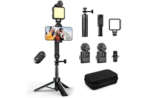 yAyusi Vlogging Kit for iPhone/Android，31" Selfie Stick Tripod with Light, Microphone, Remote Control ＆ Storage Boxes, YouTub