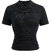 winkbay Women's Floral Embroidered Ruched Tops Elegant Mandarin Collar Dressy Casual T Shirts