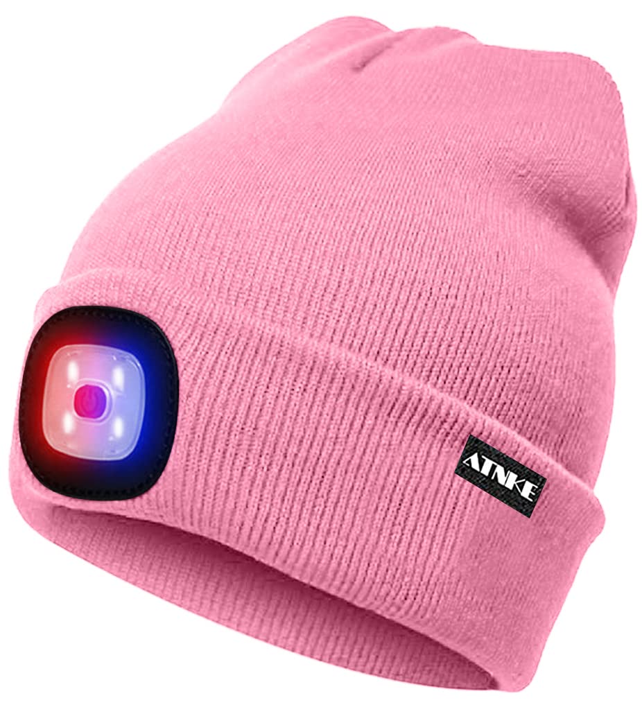 ATNKE LED Lighted Beanie Cap,USB Rechargeable 4 LED Red and Blue Glow Flashing Running Headlamp Hat Winter Warm Gifts for Men and Women/Pink